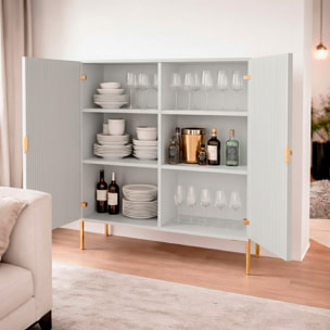 Credenza Mobile Contenitore 2 Ante Cannettate E Piedini Oro Madia Moderna con Ripiani Interni E Chiusura Soft Close 103.6 x 124 x 39.6 Cm Grigio