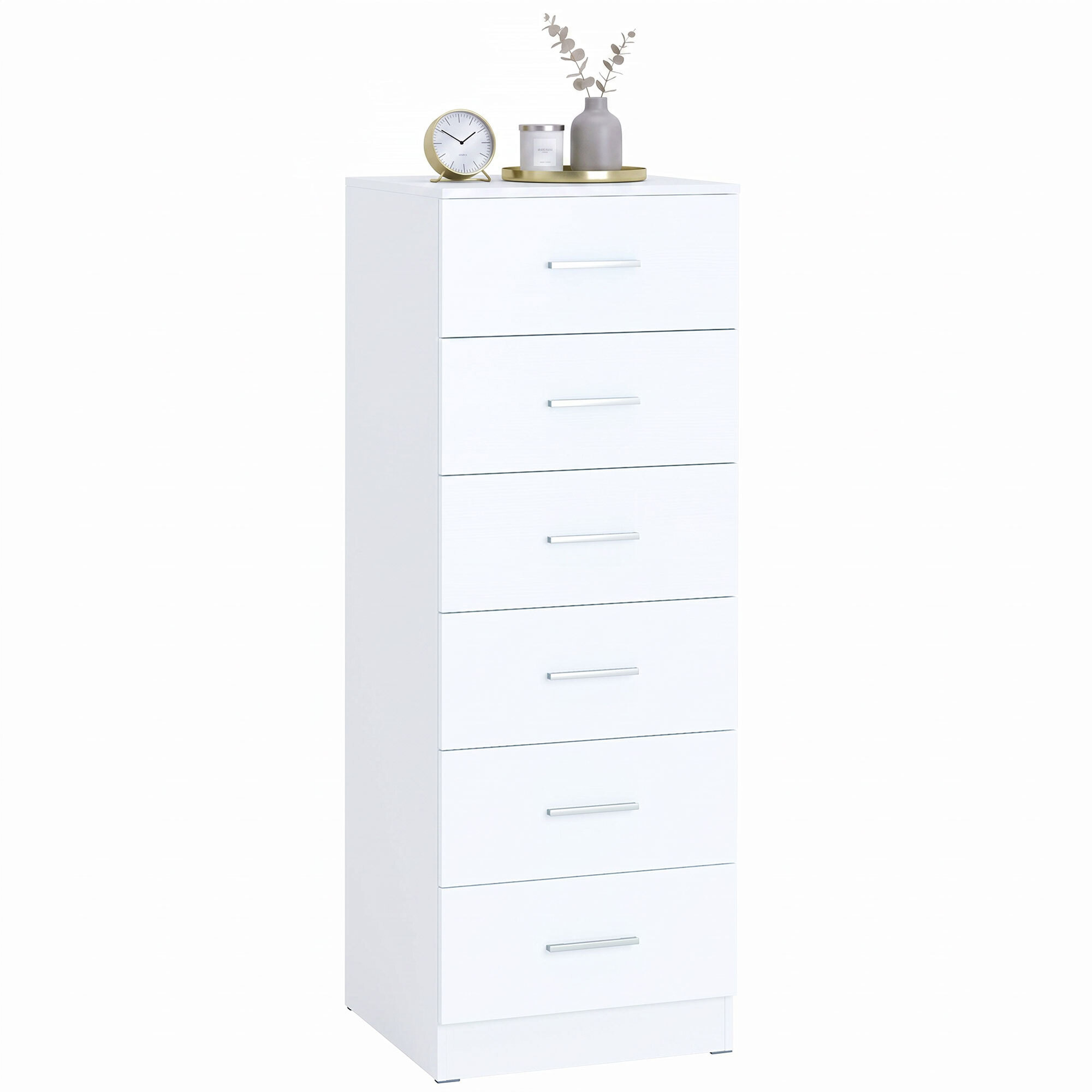 Cómoda de 6 Cajones, Cajonera para Dormitorio Alta y Estrecha, Sinfonier para Salón, Vestidor, Entrada, 40x40x110 cm, Blanco