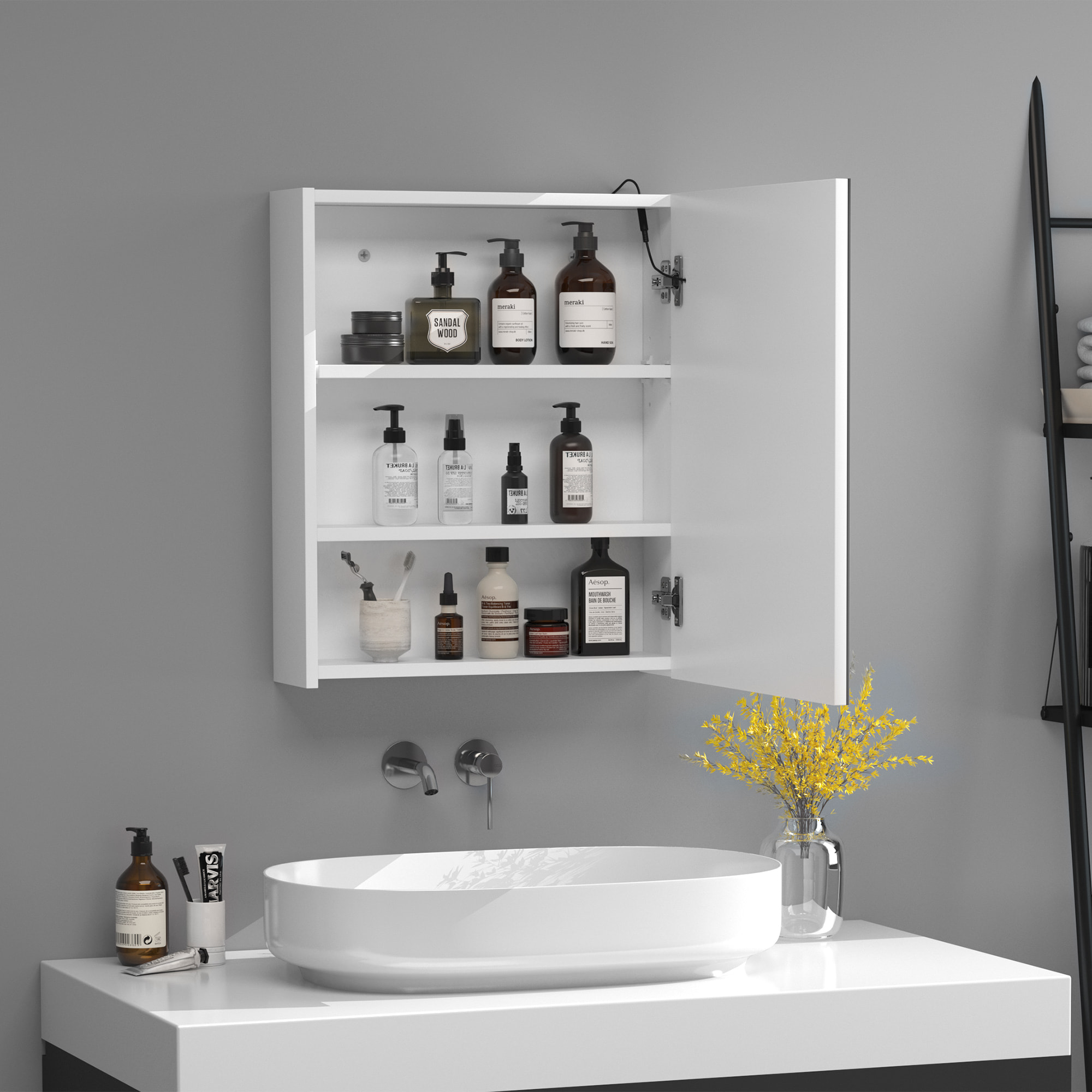 Miroir lumineux LED armoire murale design de salle de bain 2 en 1 dim. 50L x 15l x 60H cm MDF blanc