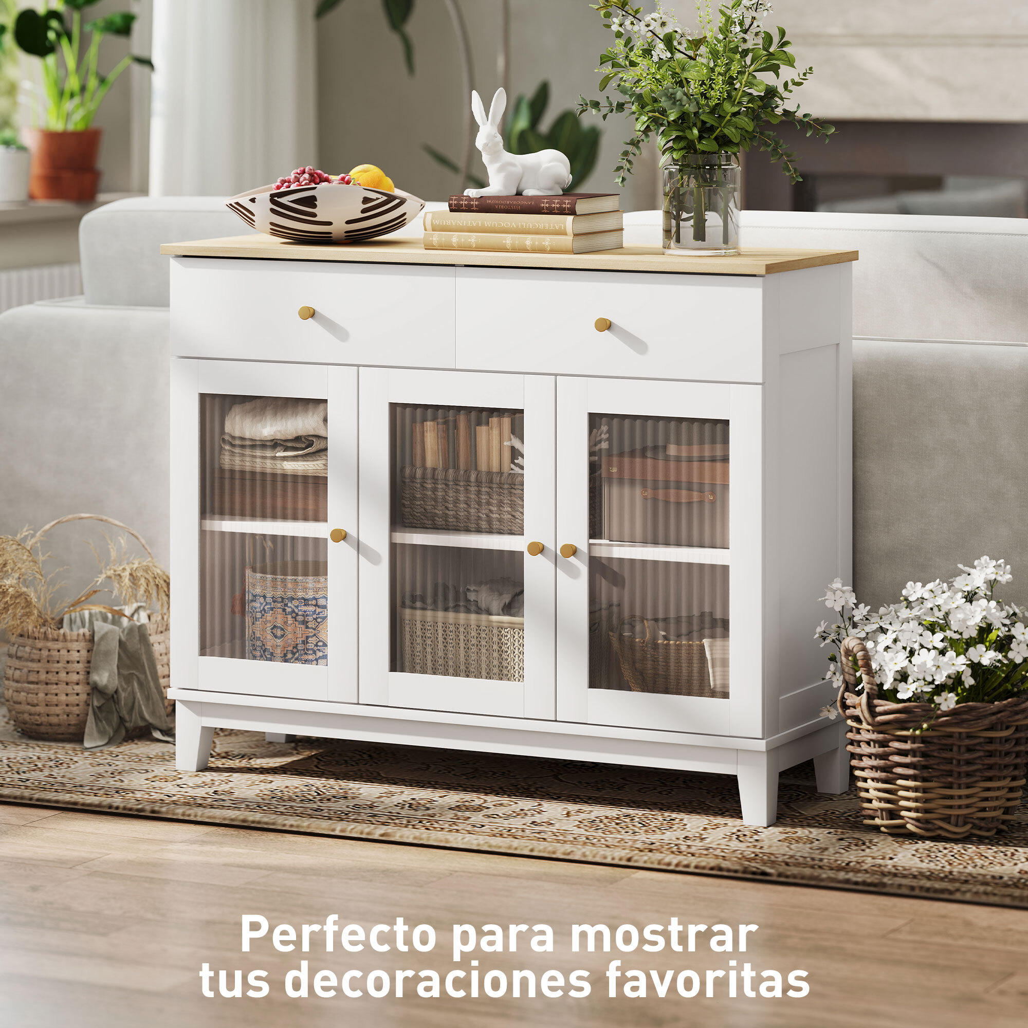 Aparador 3 Puertas de Vidrio Aparador para Salón Moderno con 2 Cajones y Estantes Ajustables para Comedor Entrada Blanco 100x35x80,3 cm