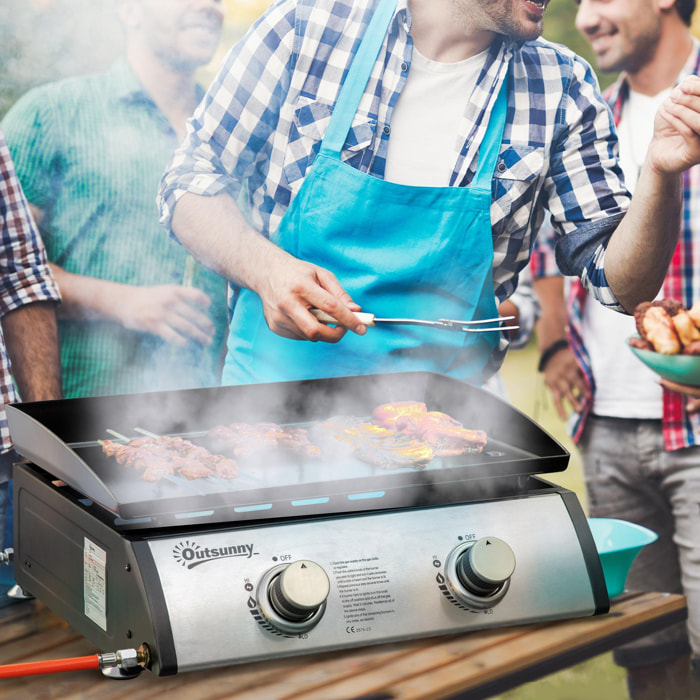 Barbacoa de Gas Sobremesa con 2 Quemadores de Acero Inoxidable 6 kW Barbacoa Portátil con Plancha para Jardín Picnic Camping 48,5x46x21 cm Negro y Plata