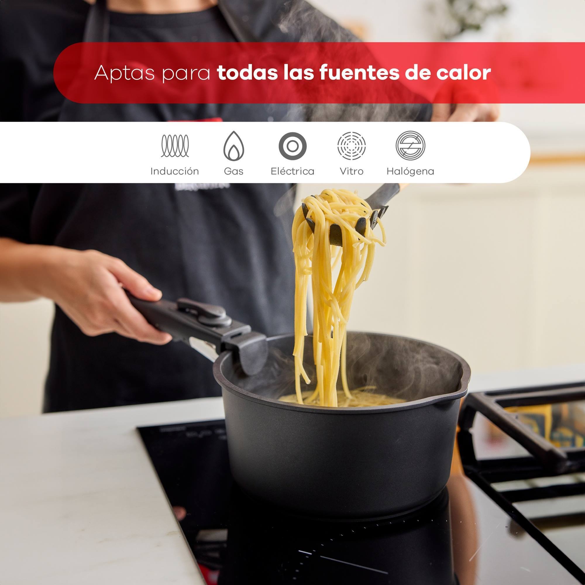 Batería de cocina 10 Pzs Negro / Mango extraíble, 3 Sartenes, 2 Cazos, Tapas y Utensilios/Aluminio fundido