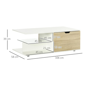 Table basse design contemporain 2 tiroirs 2 niches étagère verre trempé panneaux blanc aspect chêne clair