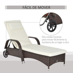Tumbona de Ratán de Jardín Chaise Longue con Respaldo Ajustable en 5 Posiciones Cojines Acolchados Reposacabezas y 2 Ruedas 200x73x30-103 cm Crema y Marrón