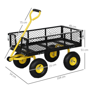 Carro de Jardín Basculante Carga 200 kg Carro para Playa con Paneles Laterales Desmontables Mango Giratorio de 180° y 4 Ruedas Neumáticas Grandes de Goma Negro y Amarillo