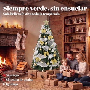 HOMCOM Árbol de Navidad con 200 LED Blanco Cálido, 180 cm, Árbol de Navidad Predecorado, 800 Ramas, 8 Modos, Bolas, Cintas y Lazos, Mando a Distancia, Base Metálica Plegable, Funciona con USB, Verde