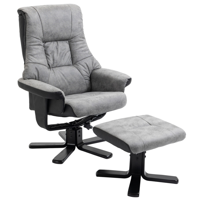 Fauteuil relax style contemporain - dossier inclinable, repose-pied - piètement bois peuplier noir tissu technique gris