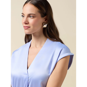 Oltre - T-shirt bimaterica scollo a V - Azzurro