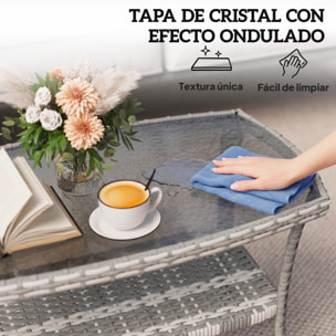 Mesa de Jardín Exterior de Ratán con Estante, Mesita Auxiliar de Jardín Rectangular, Tablero de Vidrio Templado con Ondas, Estructura de Acero, para Terraza, Patio, 90x50x45 cm, Gris Oscuro
