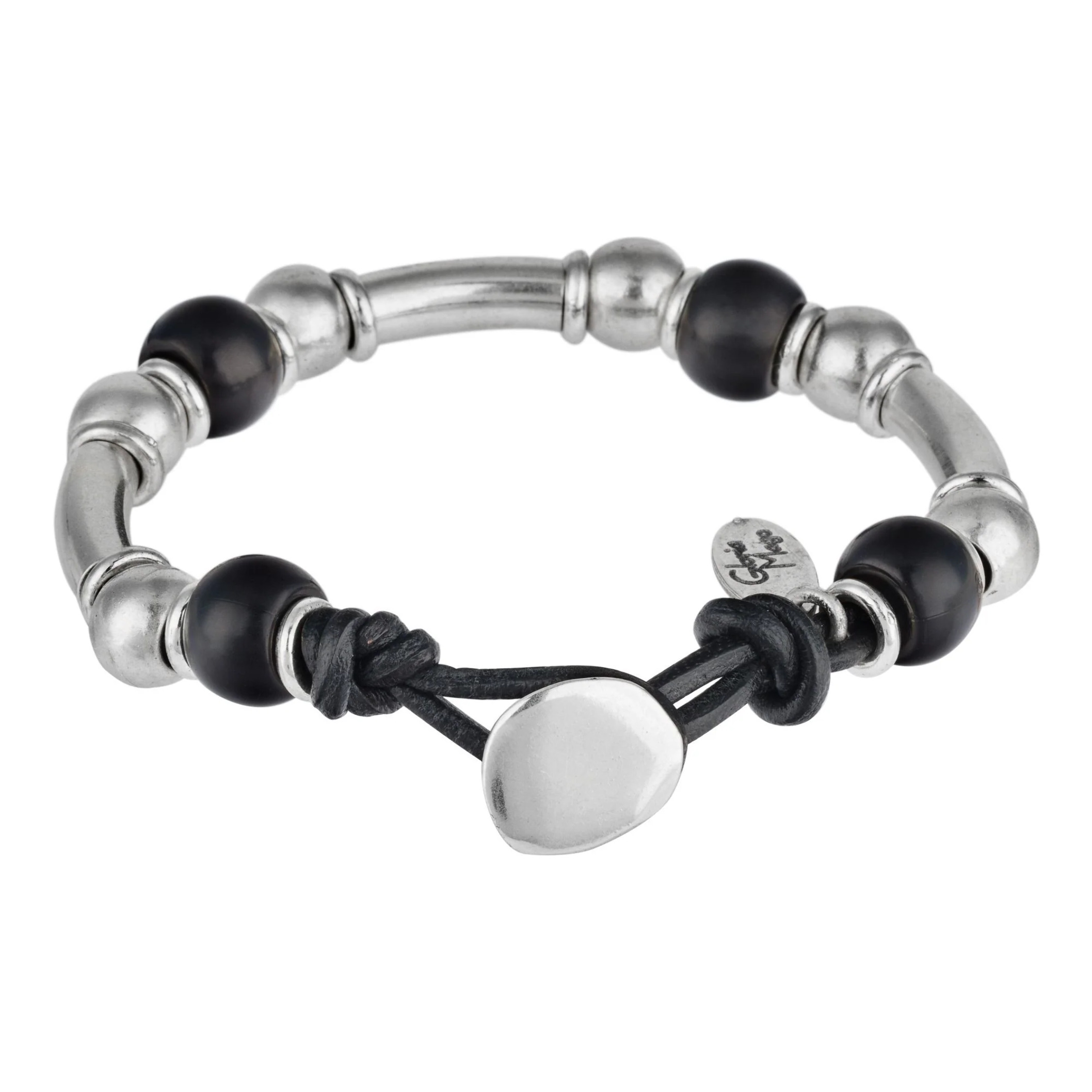 Pulsera plata cuero resina negro Liss negro