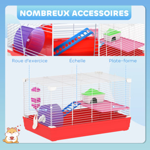 Cage rongeur hamster 2 niveaux cabane roue échelle biberon mangeoire 47 x 30 x 27 cm blanc rouge