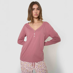 Pijama largo de algodón con escote pico selvana rosa