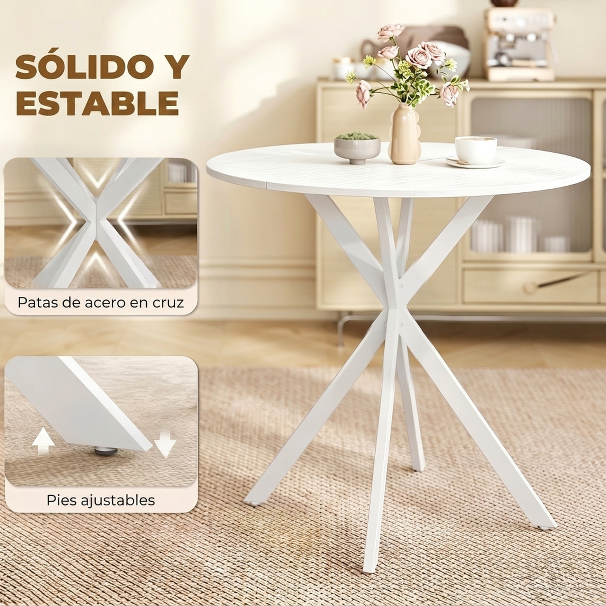 HOMCOM Mesa de Comedor Redonda, Mesa de Cocina Pequeña para 2 Personas, Estilo Moderno, Patas de Acero Cruzadas, para Comedor, Cocina, Salón, Ø80 cm, Blanco