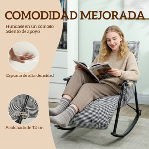 Silla Mecedora con Respaldo y Reposapiés Ajustables, Mecedora Sillón Balancín 105°, Tapizada en Lino, con Bolsillo Lateral y Marco de Metal, Carga 120 kg, para Dormitorio, Salón, Negro y Blanco