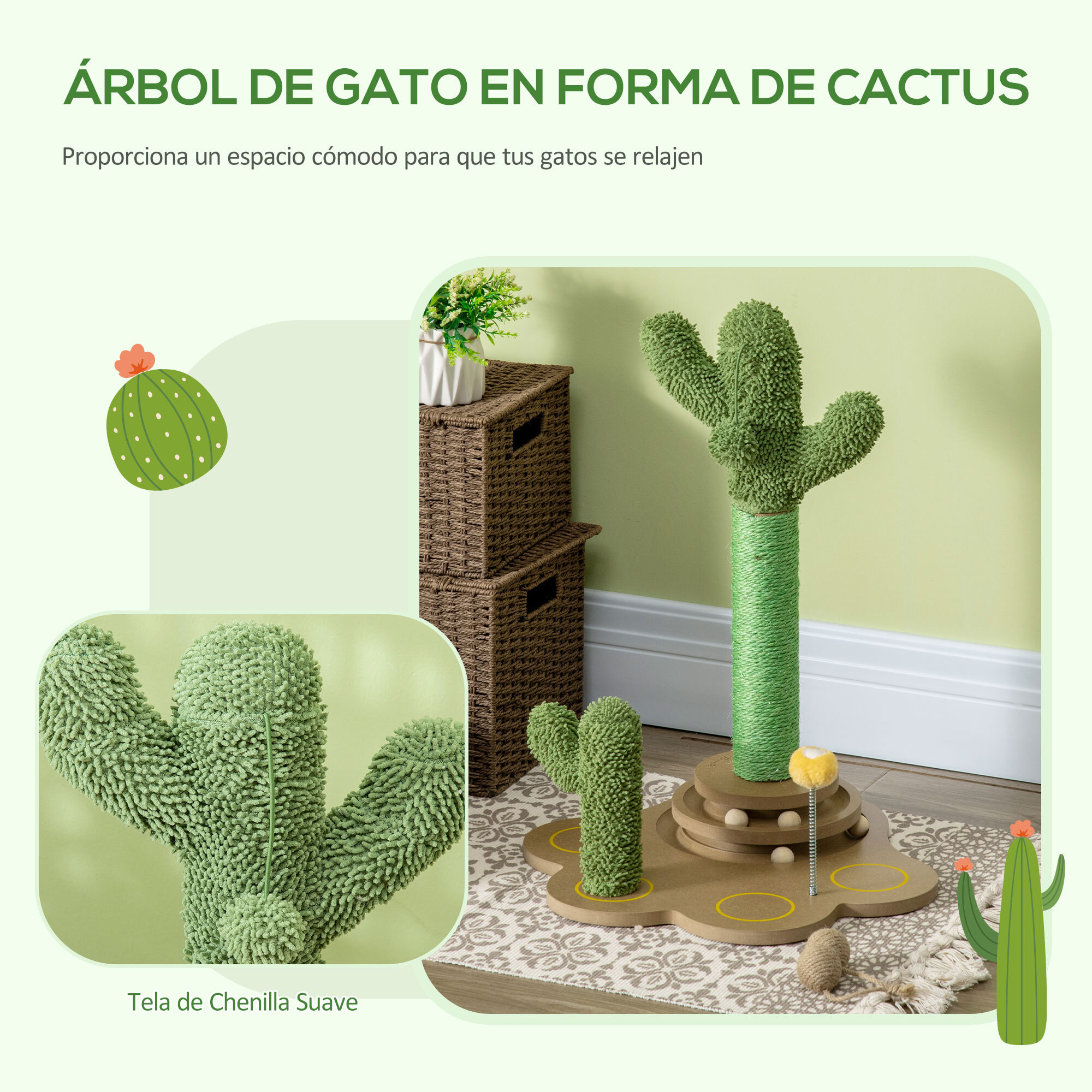 Árbol Rascador para Gatos Pequeños con Postes de Cactus Altura 60 cm Torre para Gatos de Chenilla con Juguetes de Pelotas 46x43x60 cm Verde