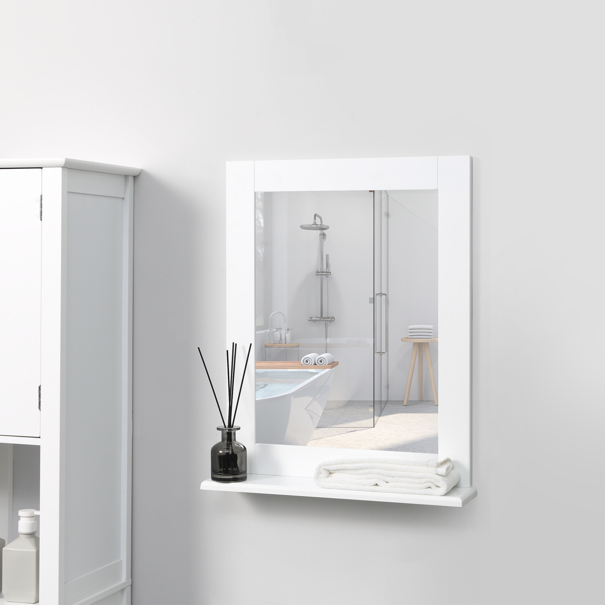 kleankin Espejo de Baño 50x11,5x60 cm Espejo de Pared Moderno con Estante de Almacenaje y Marco de Madera para Dormitorio Aseo Blanco