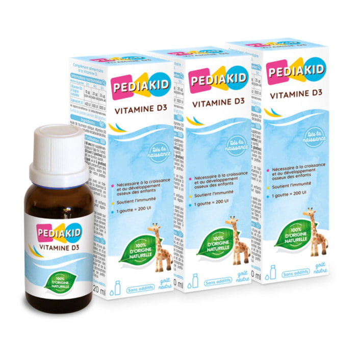 PEDIAKID - Vitamine D3 - 100% d'origine naturelle - Renforcement des défenses naturelles - Dès la naissance - Couvre 200% des apports journaliers recommandés - Lot de 3 produits