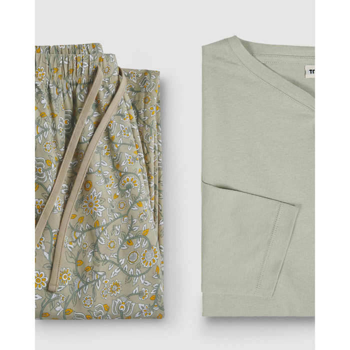 Pigiama lungo in cotone con scollo a V seren verde