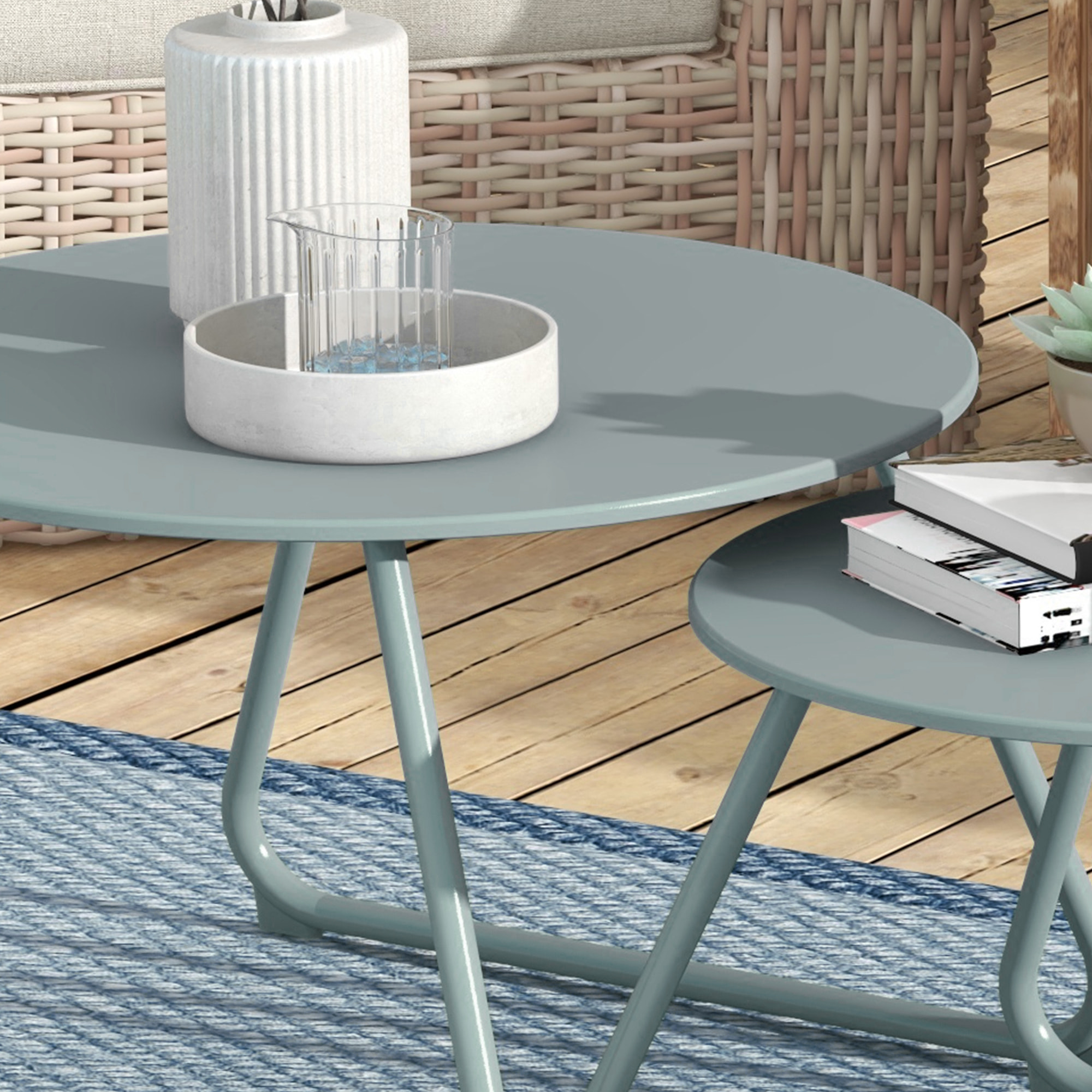 Juego de 2 Mesas de Jardín Apilables Mesas Auxiliares de Jardín Redondas con Estructura de Metal y Recubrimiento Epoxi Anticorrosivo para Balcón Terraza Patio Azul