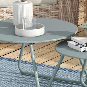Juego de 2 Mesas de Jardín Apilables Mesas Auxiliares de Jardín Redondas con Estructura de Metal y Recubrimiento Epoxi Anticorrosivo para Balcón Terraza Patio Azul