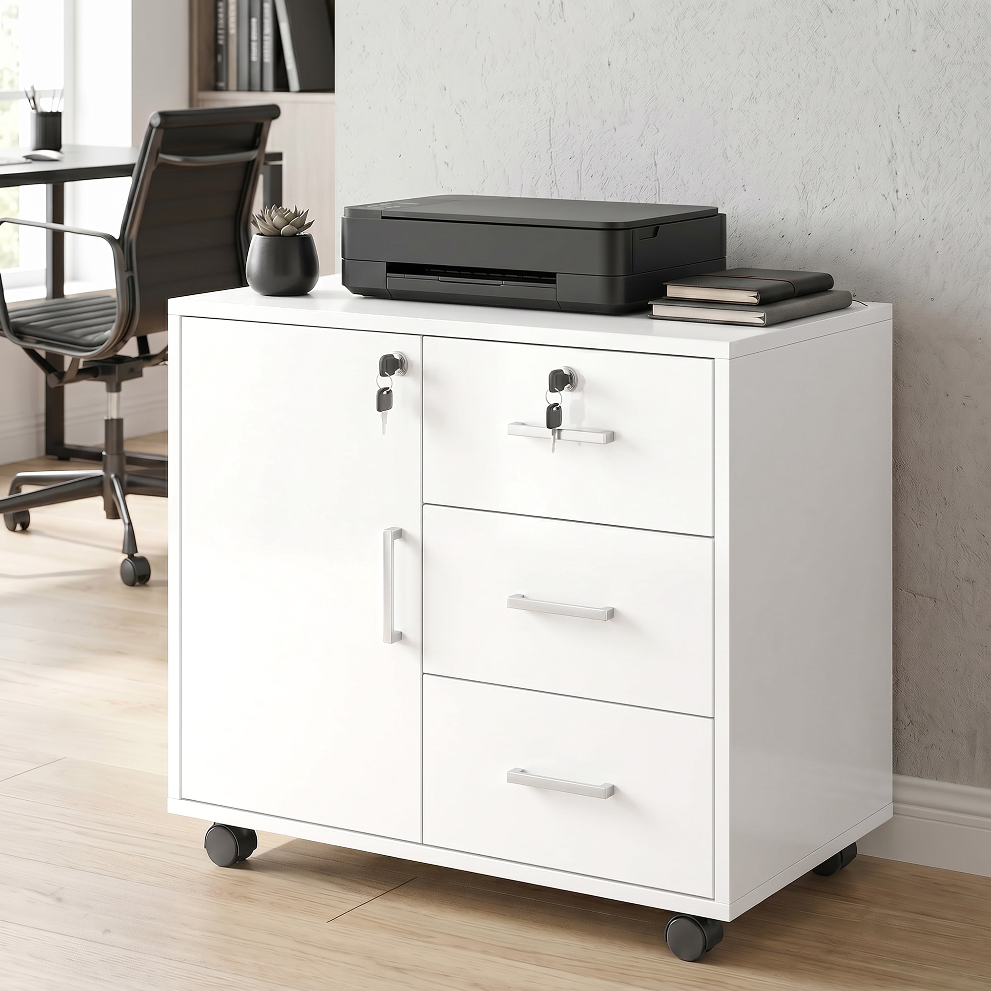 Mueble para Impresora con Ruedas, Mesa para Impresora con Puerta y 3 Cajones, Cerraduras, Estante Ajustable, Archivador Móvil para Oficina en Casa, 60x40x56 cm, Blanco