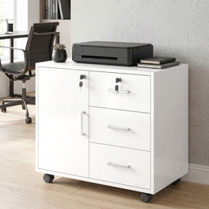 Mueble para Impresora con Ruedas, Mesa para Impresora con Puerta y 3 Cajones, Cerraduras, Estante Ajustable, Archivador Móvil para Oficina en Casa, 60x40x56 cm, Blanco