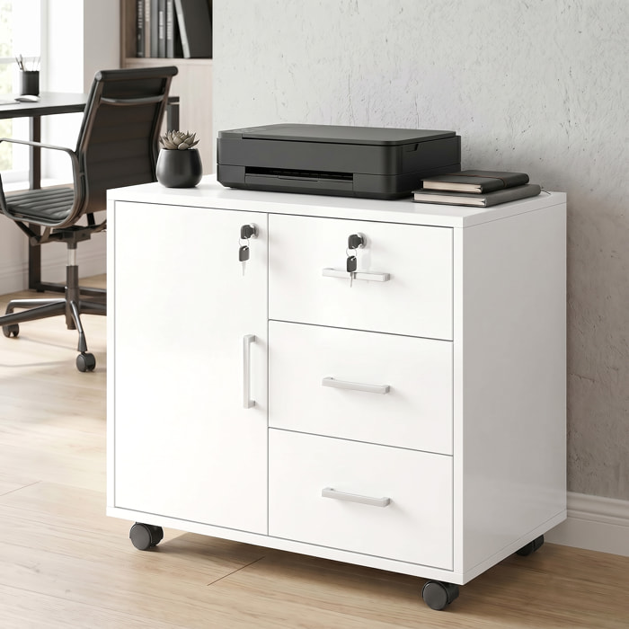 Mueble para Impresora con Ruedas, Mesa para Impresora con Puerta y 3 Cajones, Cerraduras, Estante Ajustable, Archivador Móvil para Oficina en Casa, 60x40x56 cm, Blanco