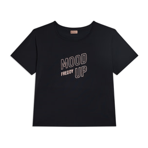 T-shirt cropped ampia in jersey tecnico con stampa “Mood Up”