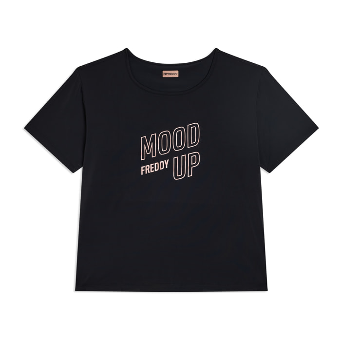T-shirt cropped ampia in jersey tecnico con stampa “Mood Up”