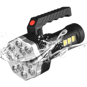 Linterna LED de alto rendimiento con 13 LEDs, 4 niveles de brillo, luz COB auxiliar y batería recargable de 1200mAh.