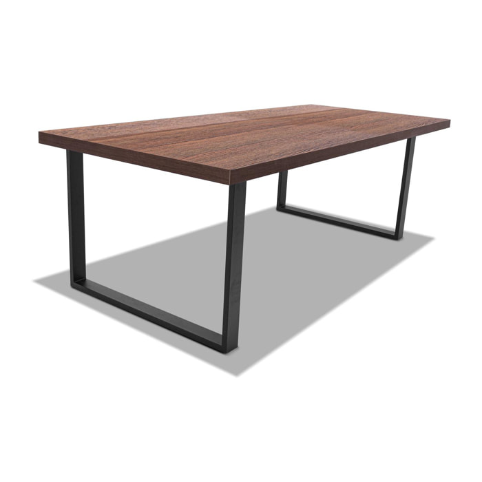 Tavolo da pranzo 220x100cm in legno e metallo con piedi squadrati e ripiano in colore legno teak