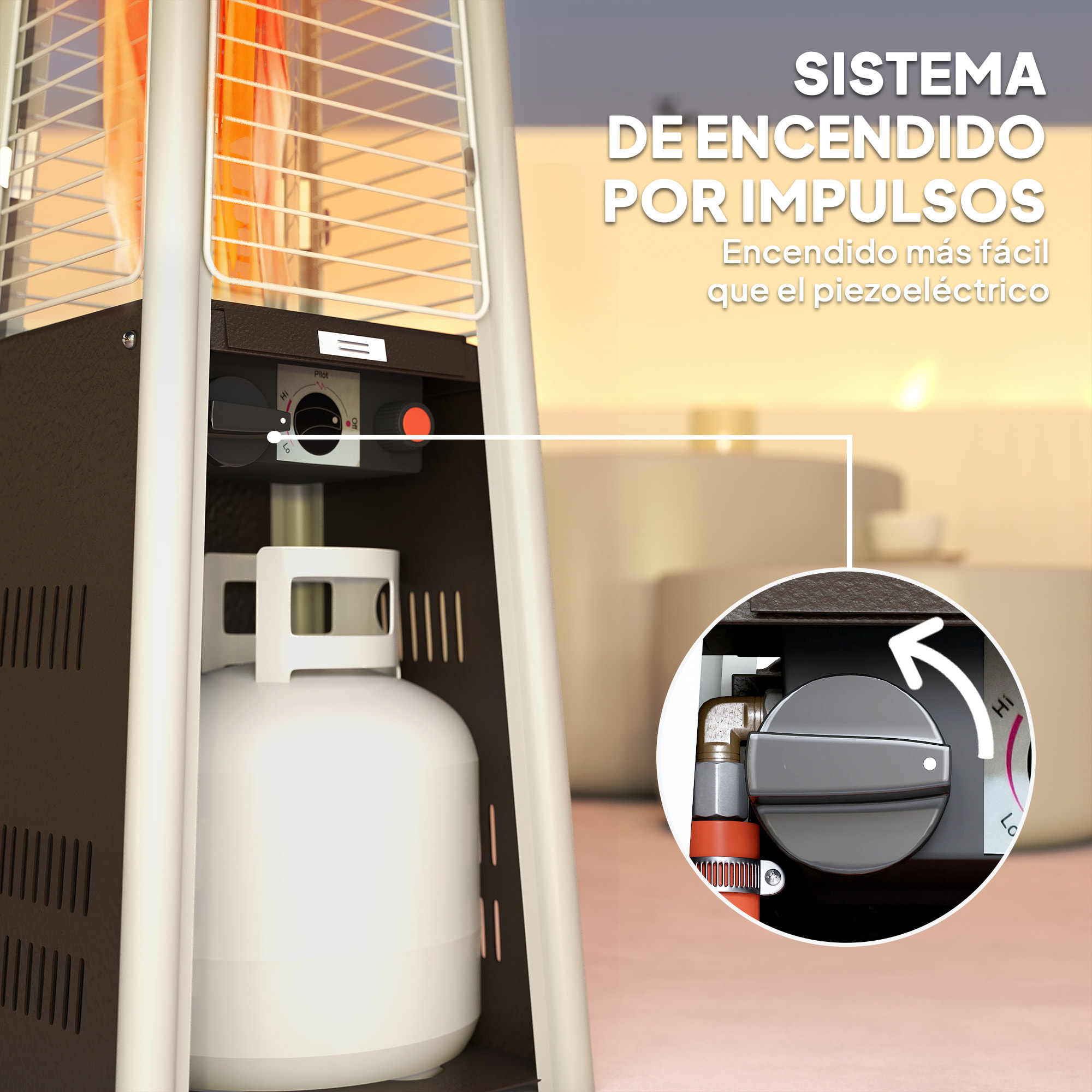 Outsunny Estufa de Gas Butano, 3000W, Calefactor de Exterior a Gas Portátil con Temperatura Ajustable, Protección contra Vuelcos, Ignición por Presión, para Butano y Propano, 3 m², Bronce