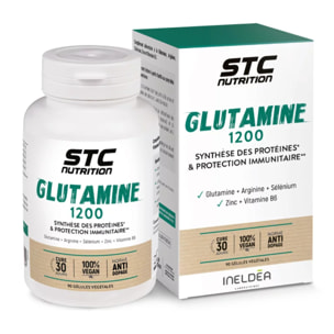 Glutamine 1200 - Synthèse des protéines & protection immunitaire - 100% vegan - Anti-Dopage - Cure de 30 j - 90 gélules