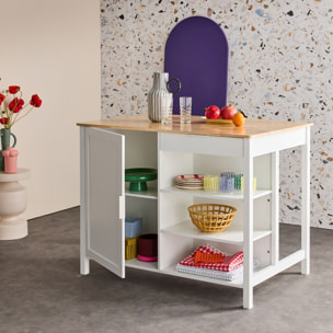 Îlot central de cuisine MOLENE. plateau en bois d'hévéa. 120x75cm. blanc. 5 étagères. 1 porte. 1 tiroir. L 120 x P 75 x H 90cm