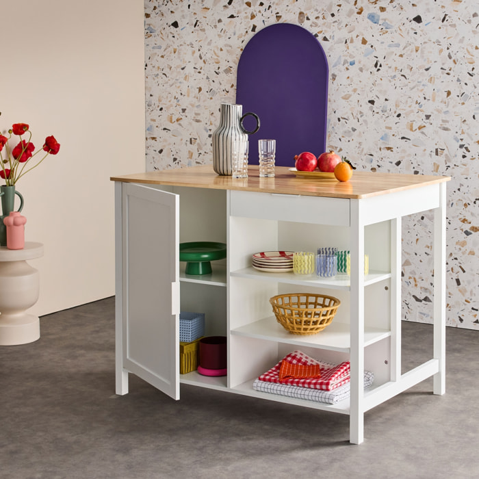 Îlot central de cuisine MOLENE. plateau en bois d'hévéa. 120x75cm. blanc. 5 étagères. 1 porte. 1 tiroir. L 120 x P 75 x H 90cm