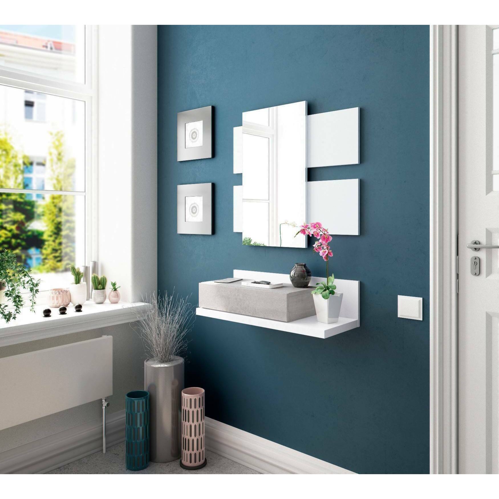 Mobile da ingresso Anro, Entratina sospesa con specchio, Mobile con cassetto per entrata, 75x29h90 cm, Bianco e Cemento