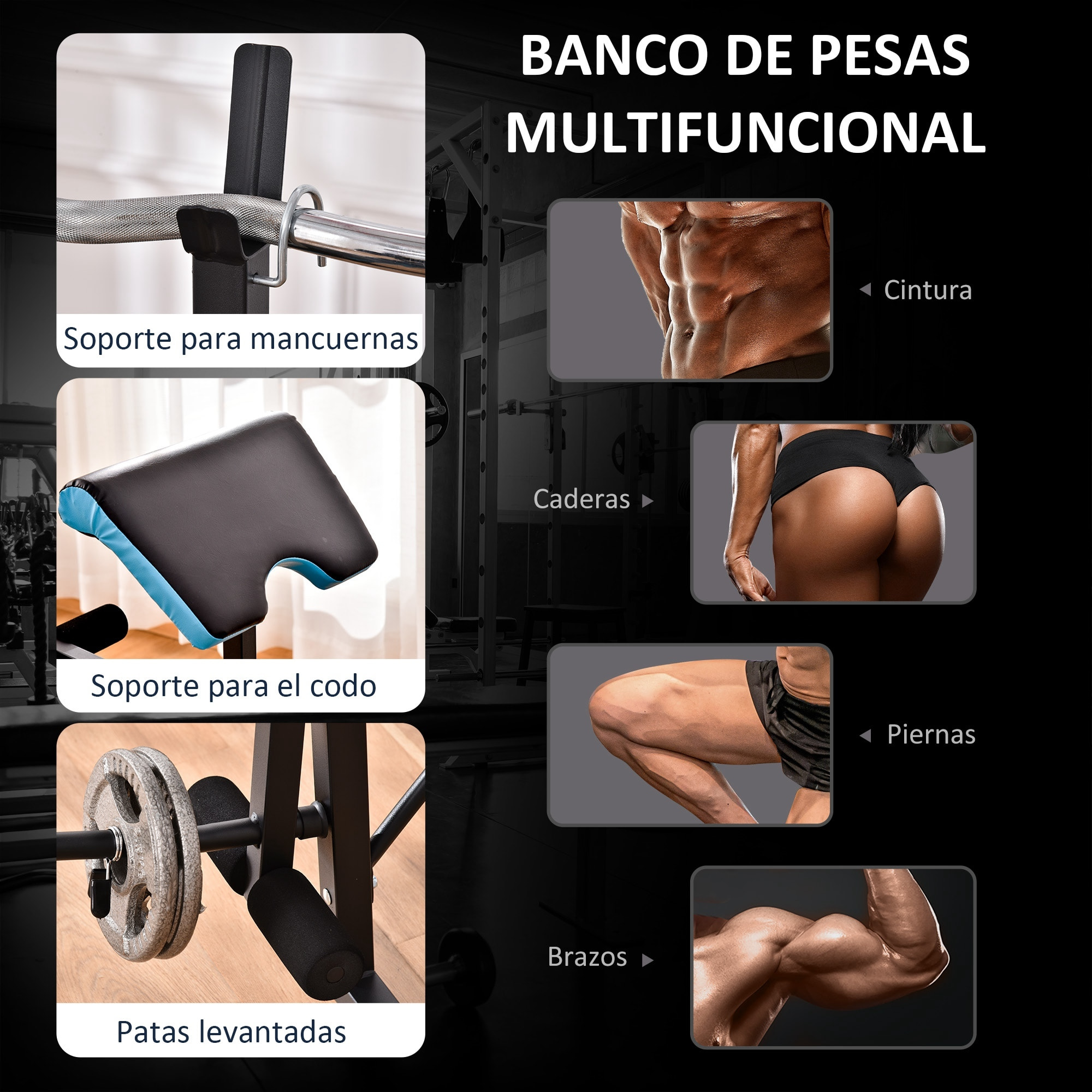 Banco de Musculación Multifuncional Banco de Pesas con Soporte para Barra y Respaldo Ajustable para Entrenamiento Completos de Cuerpo en Casa Gimnasio Negro y Azul