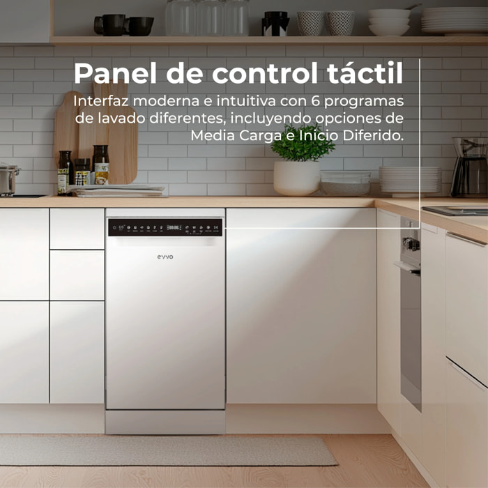 LAVAVAJILLAS EVVO D3 Slim (45 cm), 10 Cubiertos, 8 Programas, Blanco, Ancho 450 mm