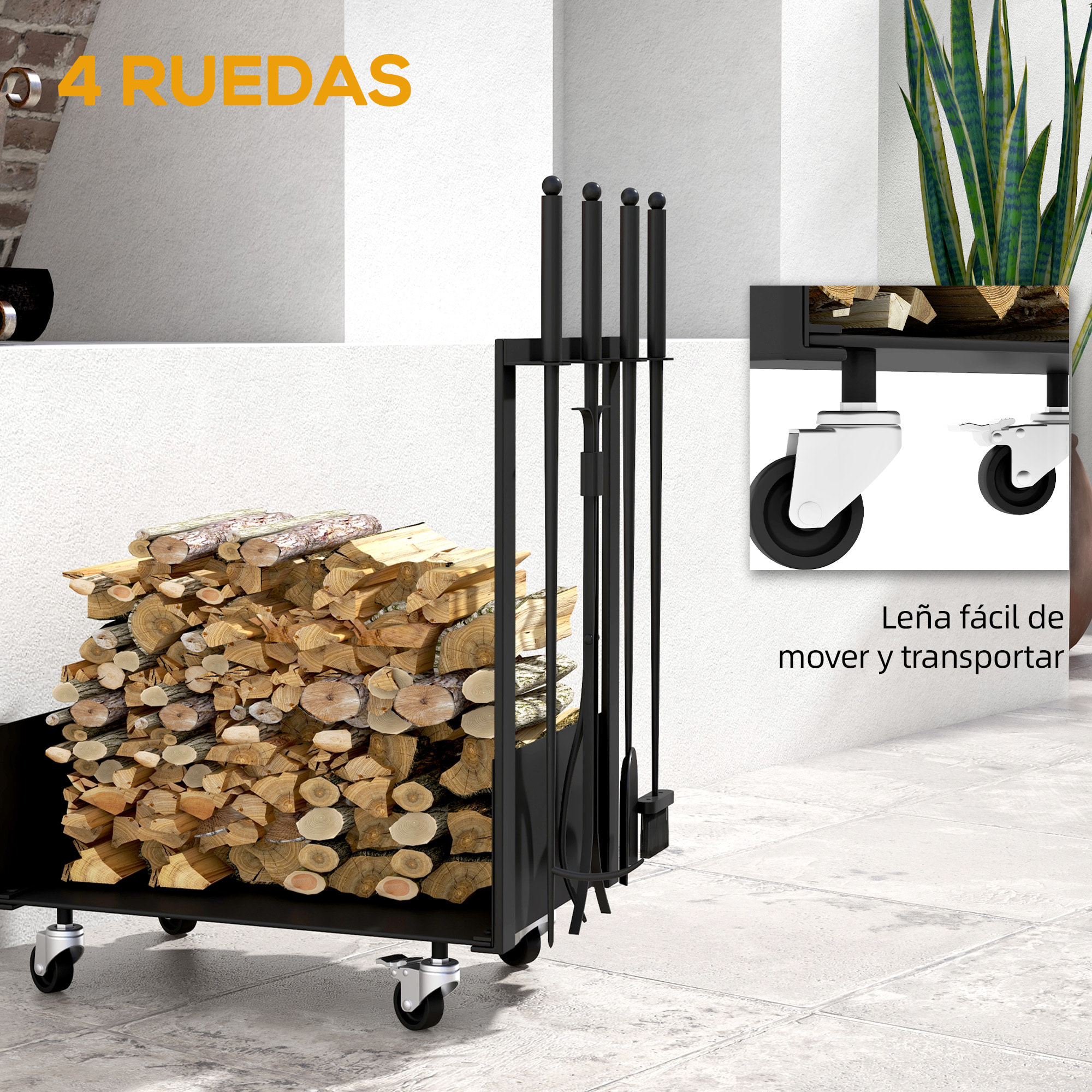 Soporte para Leña con Ruedas Estante de Leña Metálico Leñero de Exterior con Pala Escoba Atizador y Tenazas Carga 60 kg 48x30x76 cm Negro