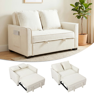 Sofá Cama 2 Plazas 3 en 1, Sofá Cama de Tejido Rizo con Respaldo Ajustable 3 Niveles, Bolsillos Laterales, 2 Almohadas con Fundas Extraíbles para Sala de Estar, Espacios Pequeños, Blanco Crema