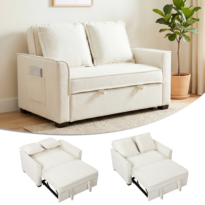 Sofá Cama 2 Plazas 3 en 1, Sofá Cama de Tejido Rizo con Respaldo Ajustable 3 Niveles, Bolsillos Laterales, 2 Almohadas con Fundas Extraíbles para Sala de Estar, Espacios Pequeños, Blanco Crema