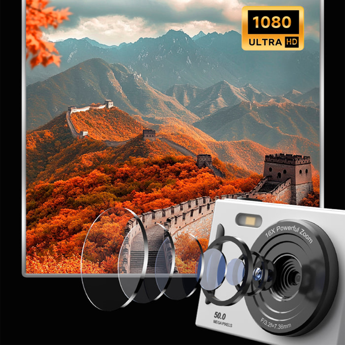 Cámara infantil M26 de fotos y video con flash. 50 mpx y video FHD. Zoom digital 16x, cámara trasera para selfies, juegos incorporados.