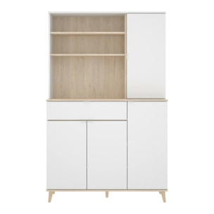 Credenza Sparavero, Buffet dispensa da soggiorno, Madia da salotto moderna a 4 ante, 120x40h191 cm, Bianco e Rovere