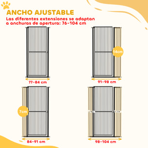 Barrera de Seguridad para Perros y Gatos Extra Alta 150 cm, Barrera para Perros Extensible 77-104 cm para Puertas y Escaleras, con Montaje a Presión, 2 Extensiones y Puerta de Paso, Negro