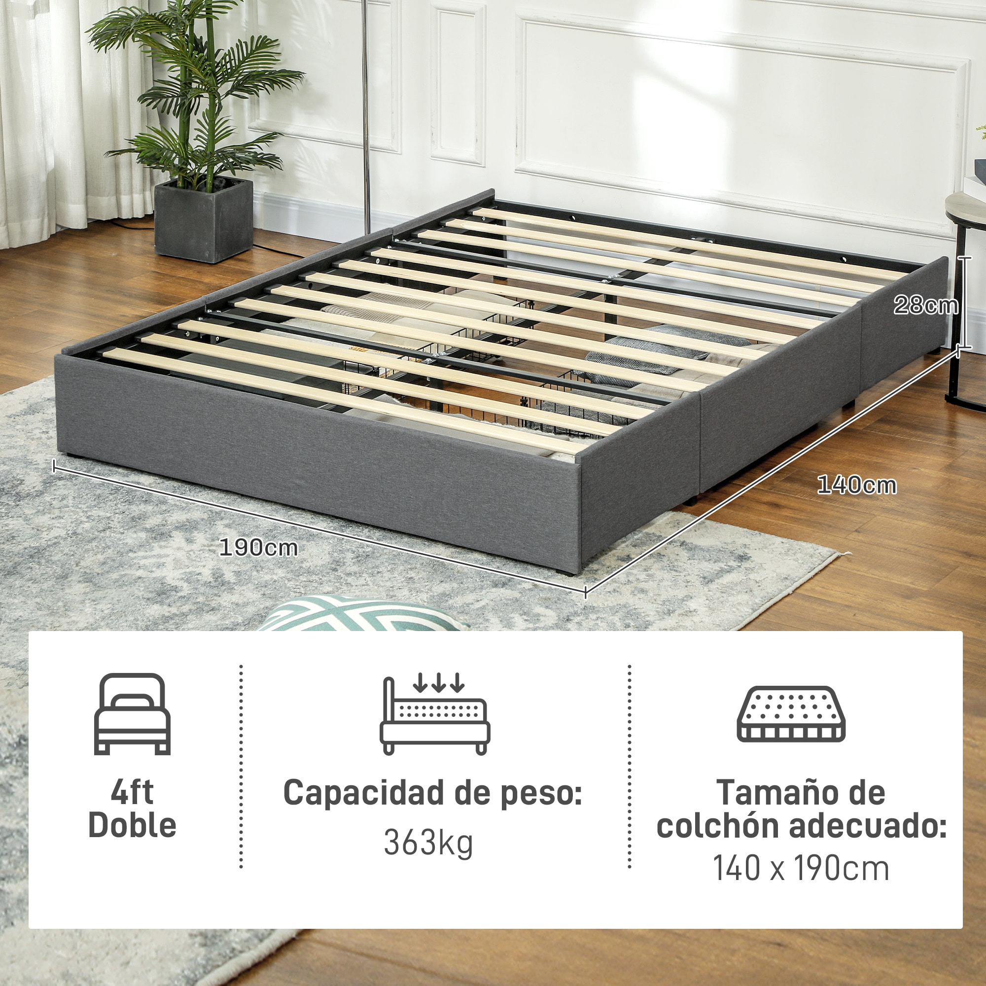 Cama Doble 140x190 cm Estructura de Cama Somier con 3 Cajones y Estructura de Metal Carga 363 kg Gris