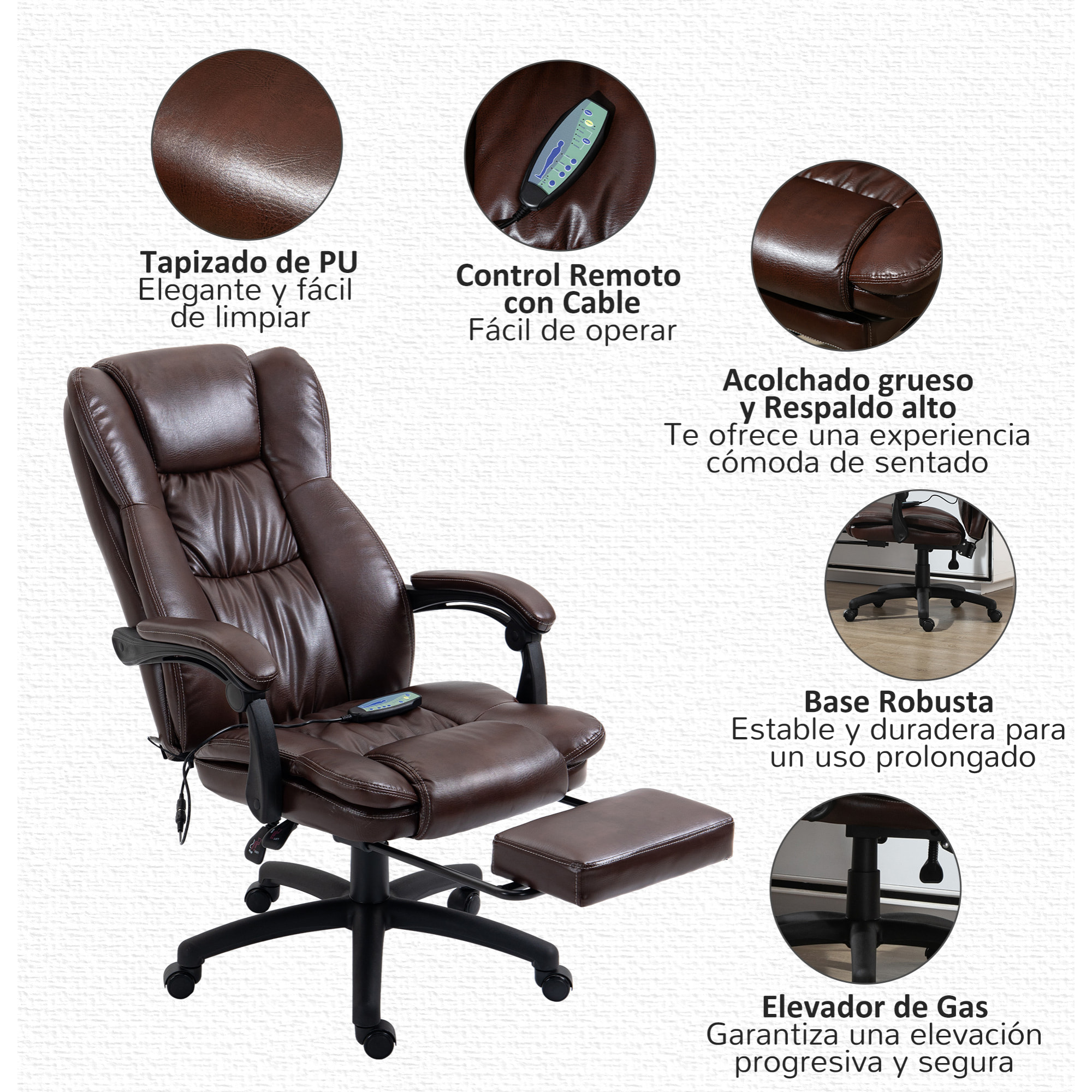 Silla de Masaje con 6 Puntos de Masaje Silla de Oficina Giratoria Silla de Despacho Reclinable con Altura Ajustable Reposapiés Retráctil y Control Remoto 68,5x68,5x113-121 cm Marrón