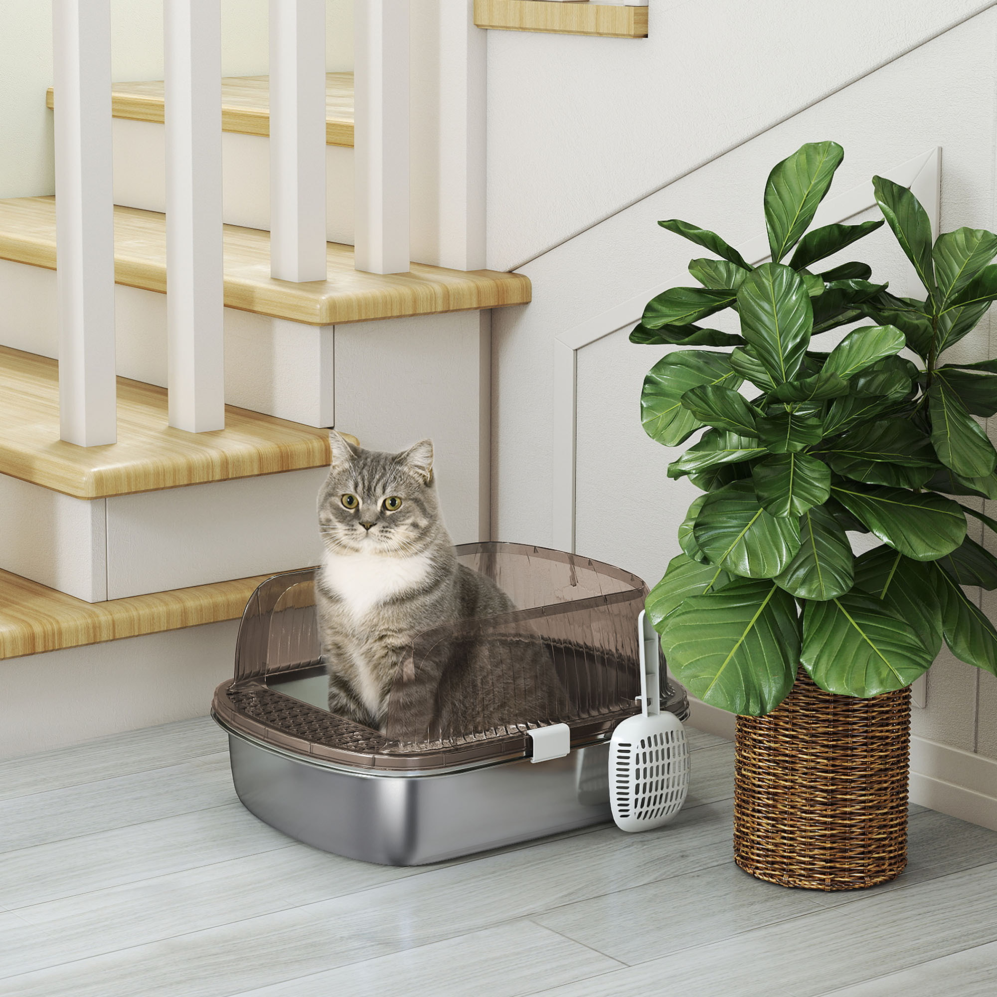 Arenero para Gatos Cubierto Extragrande Caja de Arena Cerrado con Bandeja de Acero Inoxidable Bordes Altos Pala y Zona para Caída de Arena sin Olor Fácil Limpieza para Gatos Grandes Gris