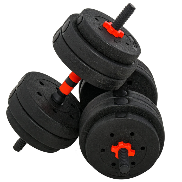 Ensemble d'haltères courtes total 25 Kg - barres incluses - entraînement musculaire & haltérophilie - acier HDPE noir rouge