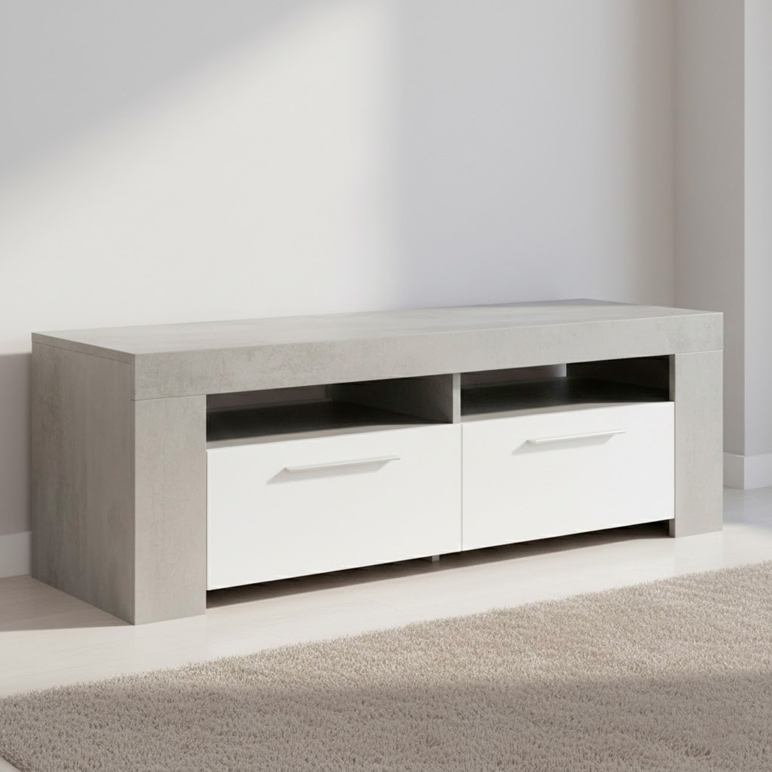 Mobile TV Con 4 Vani Portaoggetti Modulo Porta TV Moderno Con Ante E Vani A Vista Per Soggiorno Supporto TV 120x42x40 Cm Bianco Lucido Grigio Cemento