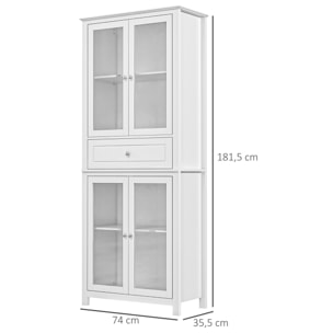 Alacena de Cocina Mueble Vitrina con 4 Puertas de Vidrio Templado Cajón y Estantes Ajustables para Salón Comedor 74x35,5x181,5 cm Blanco